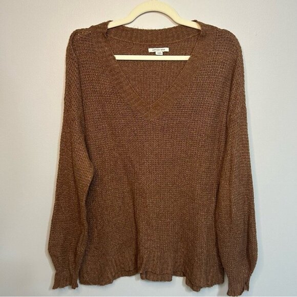 American Eagle Outfitters Brown V-Neck Oversized Sweater Knit Texture Size Small - Picture 2 of 6